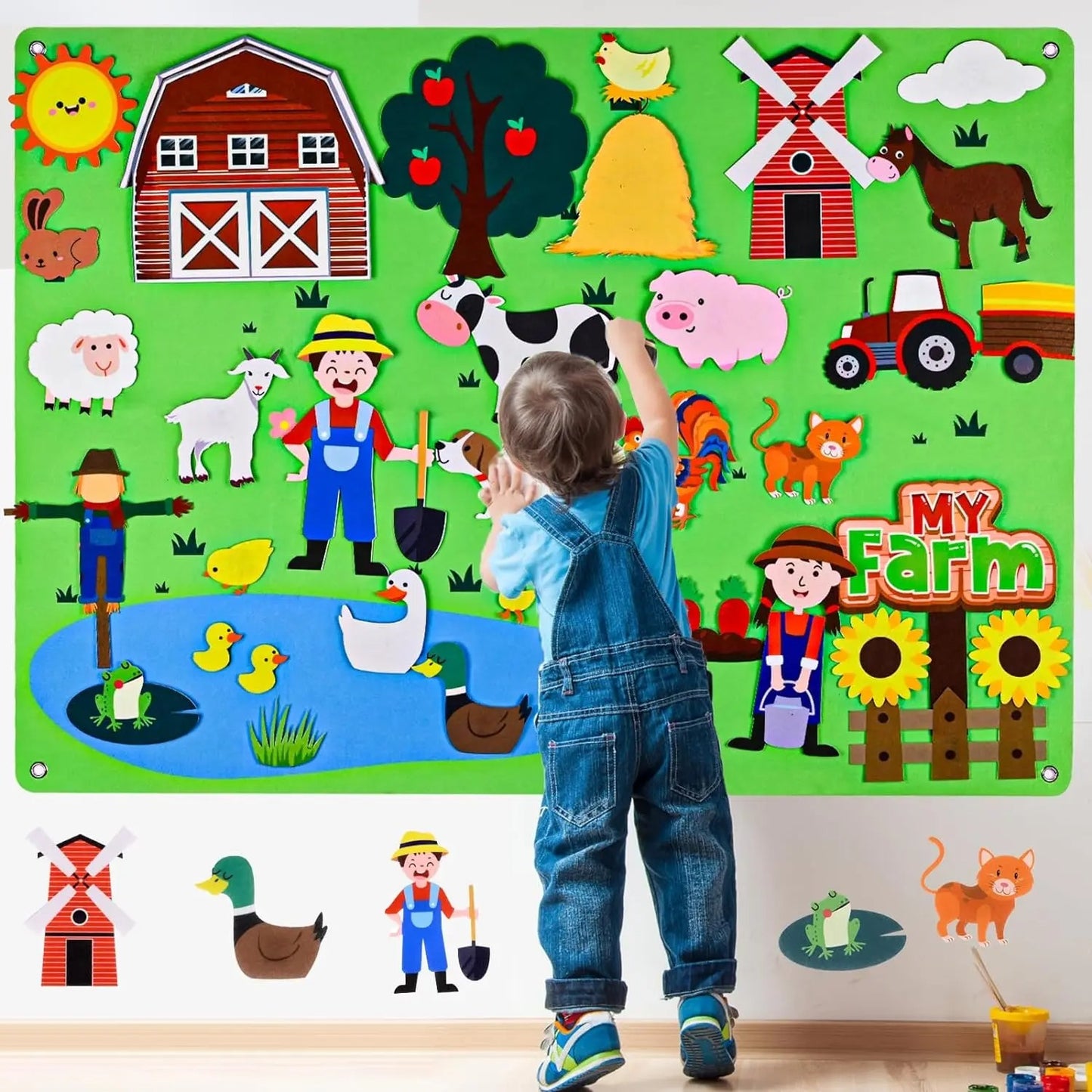 Farm Animals Felt Story Busy Board 4 IN 1 Themed Storytelling Farm Sea Zoo Vehicle Early Learning Interactive Wall Hanging Gifts